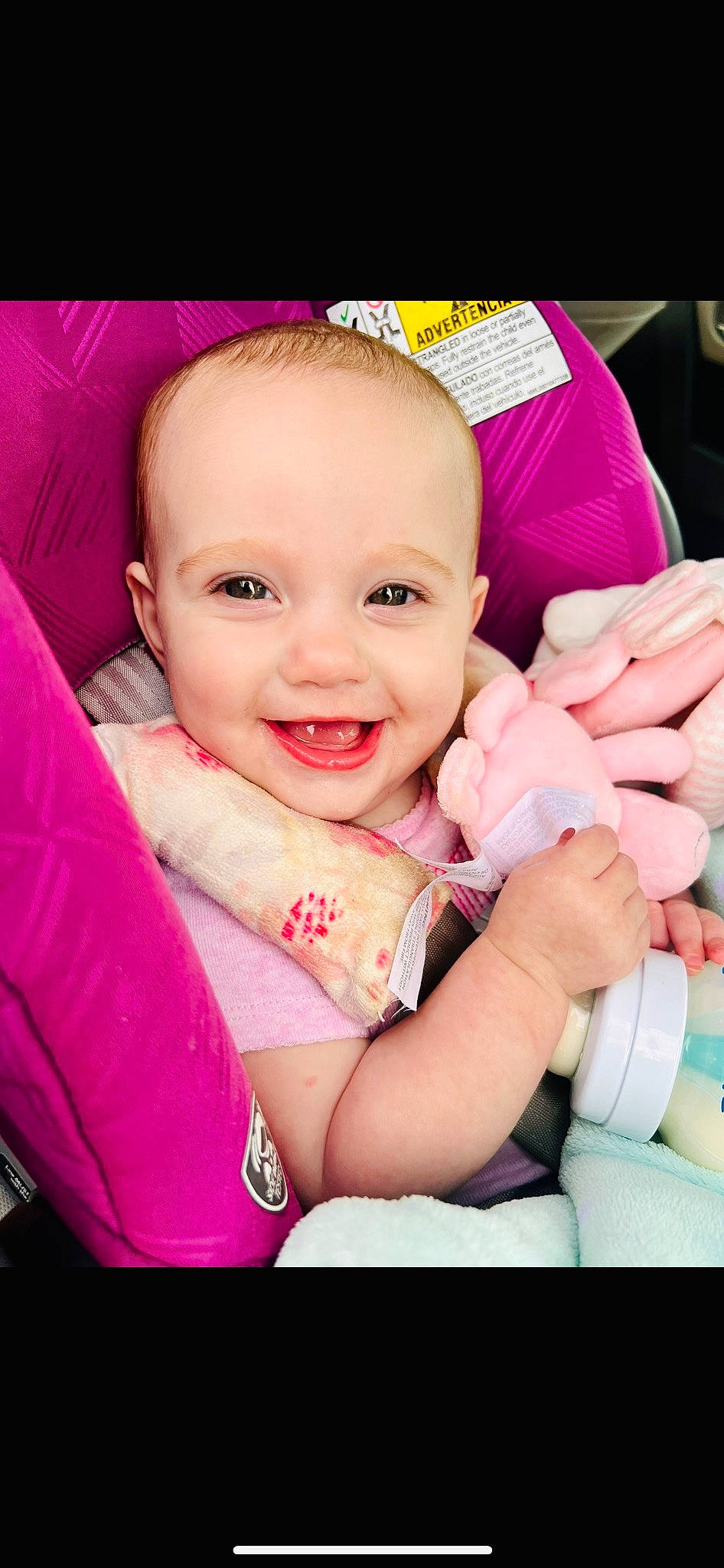 Madelyn joined the competition — help win amazing prizes! baby, baby_toddler_clothing, beauty, car_seat, comfort, cool, finger, flash_photography, gesture, happy, joy, magenta, mammal, mouth, nail, person, pink, skin, smile, thigh