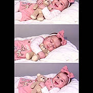 Thalya participe au concours pour gagner de l'argent avec cette photo : baby, infant, child, smiling, sleeping, bow, headband, pink_dress, teddy_bear, stuffed_toy, blanket, portrait, three_panel, collage, studio, rosy_cheeks, cuddling, happy, soft_texture, cute