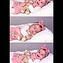 baby, infant, child, smiling, sleeping, bow, headband, pink_dress, teddy_bear, stuffed_toy, blanket, portrait, three_panel, collage, studio, rosy_cheeks, cuddling, happy, soft_texture, cute