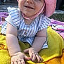 baby, child, smile, drool, hat, striped_clothing, outdoor, blanket, grass, sunlight, happy, cute, infant, hand, face, person, toddler, summer, playtime, closeup