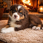 Angel participe au concours pour gagner de l'argent avec cette photo : puppy, dog, carpet, fireplace, fire, cozy, warm, indoor, furry, cute, pet, animal, brown, white, relaxing, wood, logs, lantern, home, floor
