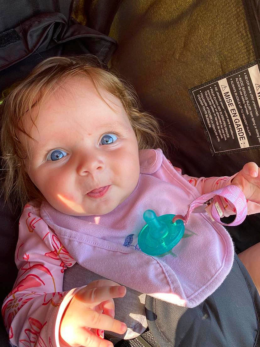 Sarah joined the competition — help win amazing prizes! baby, baby_toddler_clothing, cheek, ear, eyebrow, eyelash, finger, fun, gesture, hand, happy, iris, lip, mouth, nose, person, pink, product, skin, sleeve