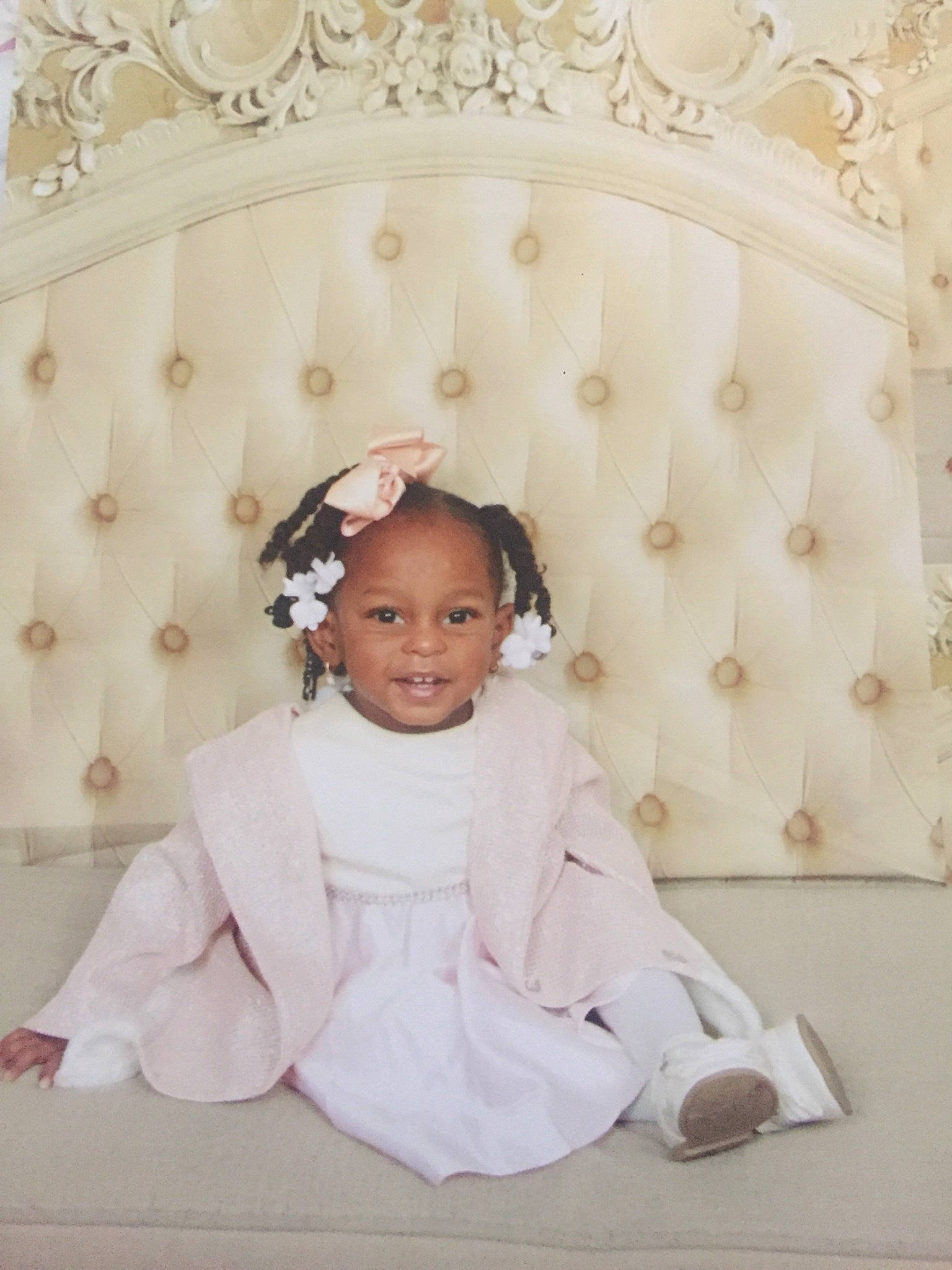 Leighla joined the competition — help win amazing prizes! bride, child, girl, gown, hair_accessory, headpiece, infant, person, pink, product, textile, toddler