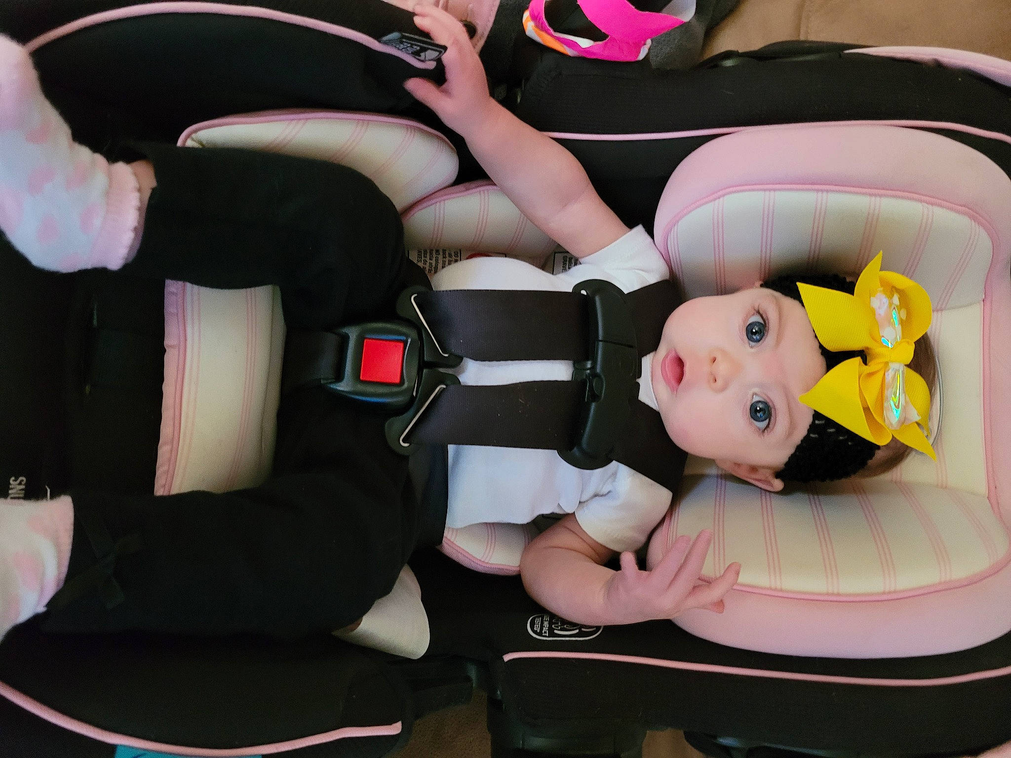 Piper joined the competition — help win amazing prizes! arm, auto_part, baby, baby_products, carmine, child, comfort, costume, doll, fictional_character, finger, gesture, hand, headwear, lap, leg, nail, person, surprise, thigh