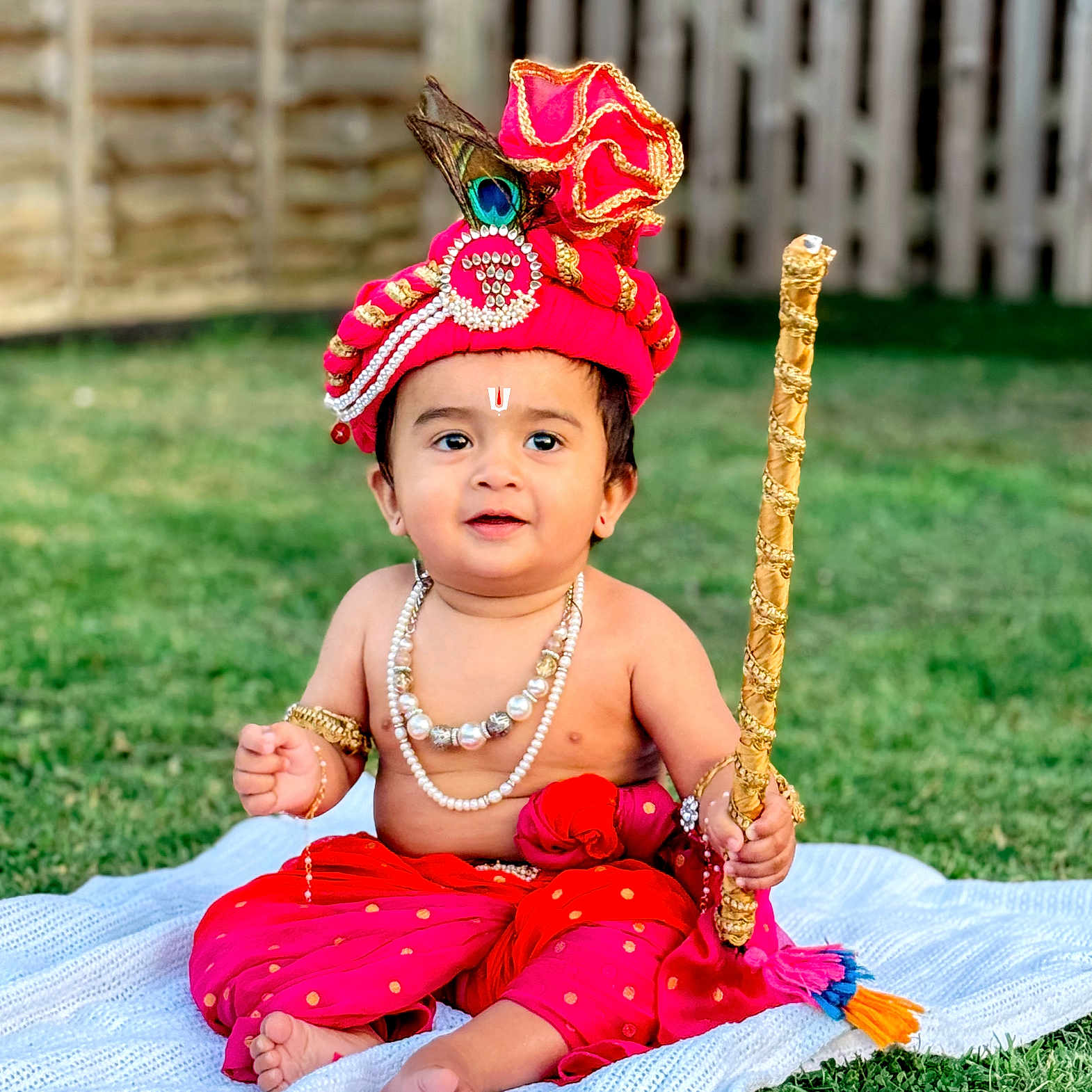 Kriday joined the competition — help win amazing prizes! baby, beads, blanket, bracelet, child, cute, decorative, earrings, festive, grass, happy, necklace, outdoor, peacock_feather, portrait, red_turban, sitting, staff, traditional_clothing, young