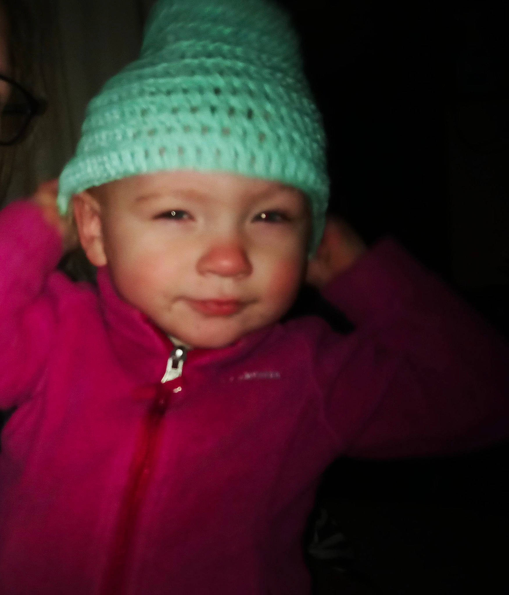 Alexis is registered to the contest to win money with this photo: baby, baby_toddler_clothing, cap, cheek, child, electric_blue, eyebrow, fashion_accessory, flash_photography, fun, happy, headgear, headwear, knit_cap, magenta, nose, person, pink, sleeve, toddler