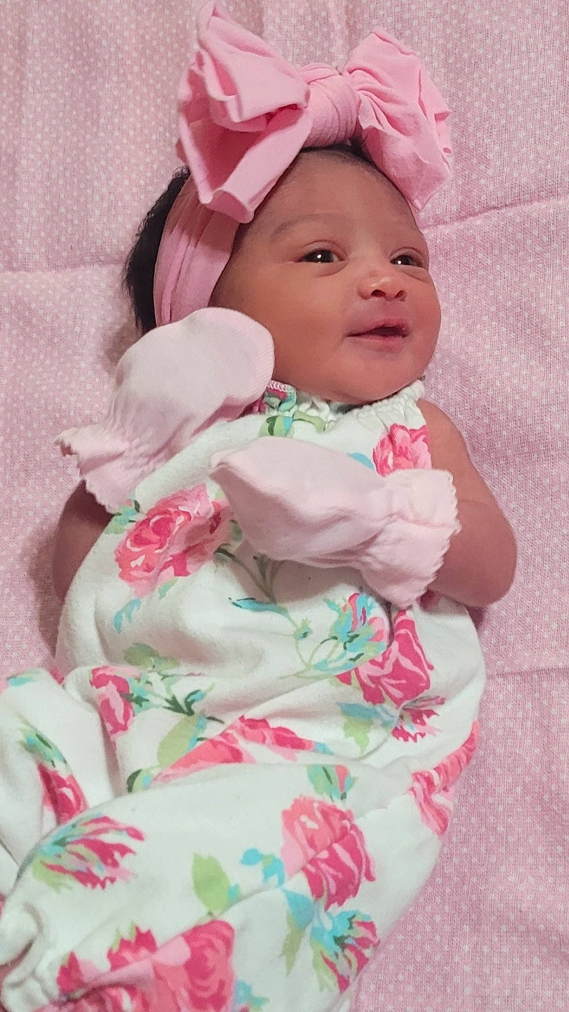 Kynsley joined the competition — help win amazing prizes! baby, baby_products, baby_toddler_clothing, cheek, child, comfort, dress, eye, face, hand, happy, human_body, linens, lip, petal, pink, skin, sleeve, smile, toddler