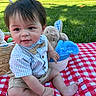 baby, barefoot, basket, bow_tie, boy, bunny, checkered_pattern, child, grass, greenery, outdoor, park, picnic_blanket, plush_toy, shirt, shorts, smiling, stuffed_animal, sunlight, toddler