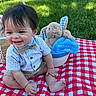 baby, basket, bow_tie, boy, bunny, checkered, child, cute, easter, grass, happy, holiday, outdoor, picnic_blanket, plush_toy, red_and_white, seasonal, shirt, sitting, smiling