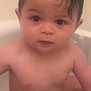 Jayce-Reed Richard is registered to the contest to win money with this photo: baby, child, bathtub, bath, wet_hair, skin, naked, sitting, water, cute, face, curious, indoors, infant, portrait, young_child, person, toddler, expression, head