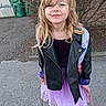 Anastasia joined the competition — help win amazing prizes! child, girl, smile, leather_jacket, purple_dress, backpack, blonde_hair, outdoor, sidewalk, trash_bins, bushes, casual, portrait, happy, person, young, fashion, street, nature, daylight