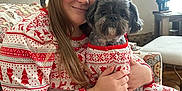 Willow joined the competition — help win amazing prizes! person, dog, pajamas, christmas_stockings, holiday_decor, smiling, indoor, couch, patterned_fabric, fireplace, festive, garland, pet, cute, cozy, matching_outfits, hand_holding, long_hair, brown_hair, window