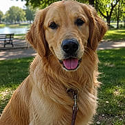 Peanut is registered to the contest to win money with this photo: golden_retriever, dog, pet, outdoor, park, grass, leash, sunlight, smiling, tongue_out, fur, nature, tree, bench, daytime, canine, happy, animal, portrait, friendly