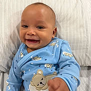 Noah joined the competition — help win amazing prizes! baby, child, smiling, portrait, indoor, pillow, cushion, blue_clothing, pajamas, teddy_bear, infant, happy, face, sitting, closeup, nursery, soft_lighting, patterned_fabric, cozy, photography
