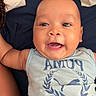 Noah is registered to the contest to win money with this photo: baby, infant, child, smiling, open_mouth, portrait, close_up, lying_down, bed, bedspread, pillow, onesie, clothing, blue, indoor, home, happy, face, eyes, photography