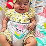 Cattleya is registered to the contest to win money with this photo: baby, smile, yellow_outfit, headband, baby_seat, warning_label, patterned_clothing, cute, infant, socks, playful, comfort, happy, child, indoors, colorful, portrait, chubby_arms, baby_girl, joyful