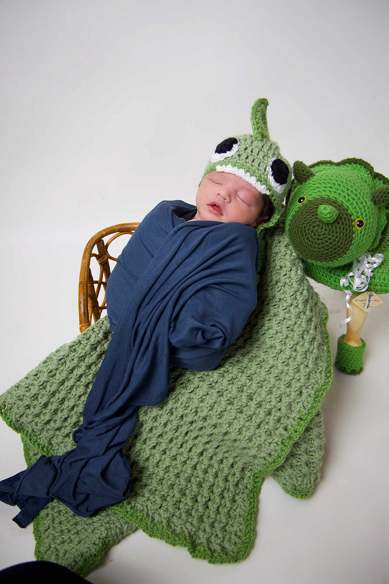 Jaiden joined the competition — help win amazing prizes! newborn, baby, sleeping, knitted_hat, blue_cloth, green_blanket, dinosaur_blanket, crocheted_toy, green_toy, baby_wrapped, infant, cute, studio_photo, white_background, peaceful, soft_texture, child, portrait, cozy, handmade