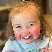 Georgia Deann is registered to the contest to win money with this photo: child, toddler, smiling, happy, face, cheeks, teeth, hair, indoors, shirt, portrait, cute, young, people, person, expression, childhood, closeup, emotion, joy