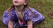 Americus Leighann is registered to the contest to win money with this photo: child, girl, toddler, outdoor, grass, garden, portrait, sitting, dress, purple_clothing, hair_bow, long_hair, looking_up, curious, smiling, face, hands, cushion, nature, daylight