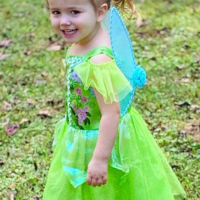 Americus Leighann joined the competition — help win amazing prizes! child, girl, toddler, fairy, costume, green_dress, wings, smiling, outdoors, grass, garden, portrait, standing, blonde_hair, ponytail, young_face, colorful_clothing, nature, daylight, playful