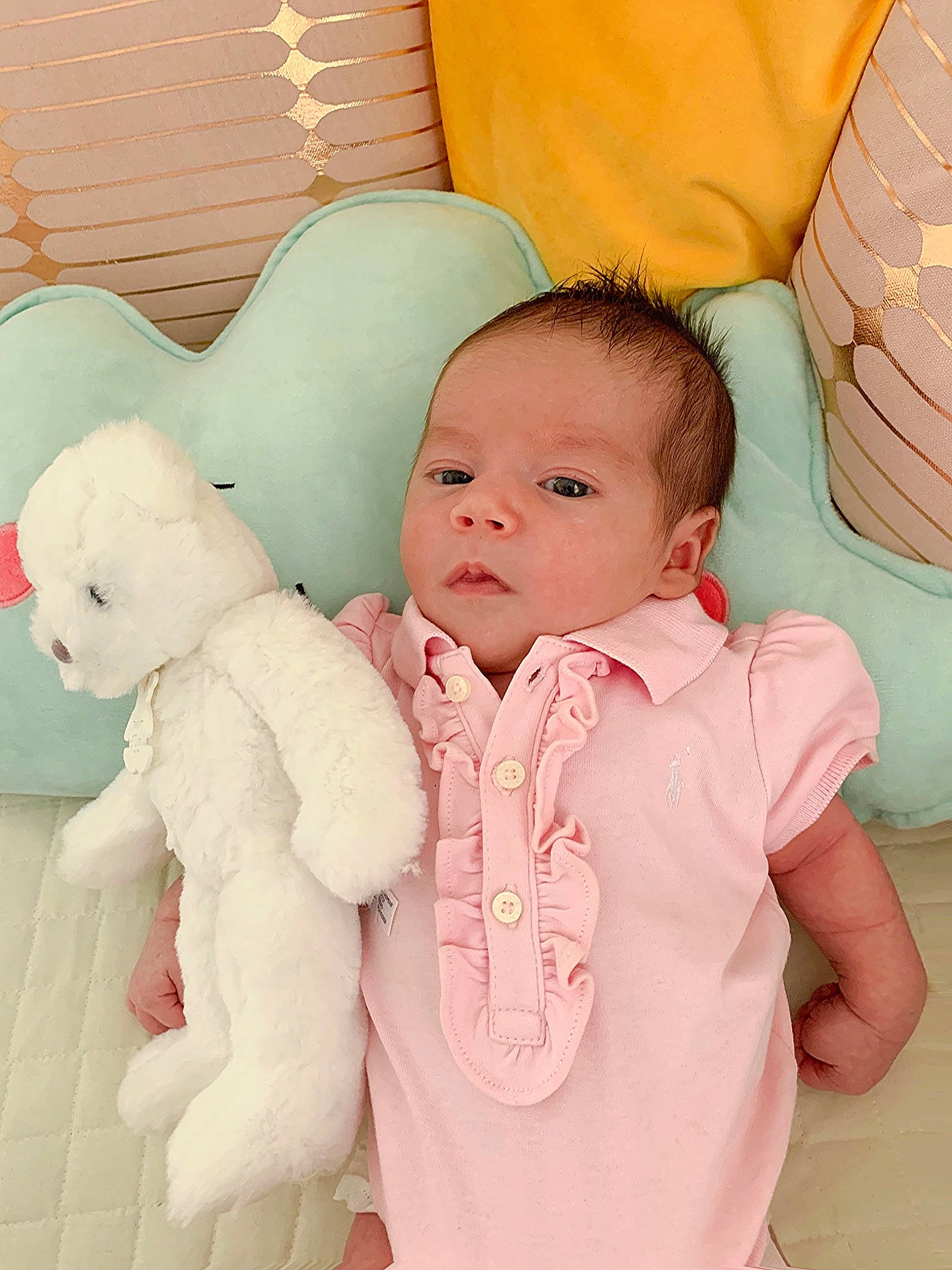 Kate participe au concours pour gagner de l'argent avec cette photo : abdomen, baby, baby_toddler_clothing, cheek, child, comfort, drinkware, fur, happy, linens, nose, peach, person, pink, sitting, skin, sleeve, textile, throw_pillow, toddler