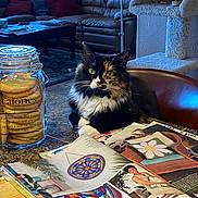 Lucy joined the competition — help win amazing prizes! cat, calico_cat, jar, cookies, table, magazines, chair, living_room, couch, cat_tree, whiskers, furniture, indoor, food_container, reading_material, pet, cozy, relaxed, fur, eyes