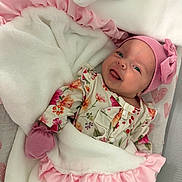 Alahia is registered to the contest to win money with this photo: baby, baby_clothing, bedding, blanket, bow, closeup, cozy, crib, eyes_open, floral_outfit, indoors, infant, mittens, newborn, pink_hat, portrait, smiling, soft_lighting, swaddle, teddy_bear