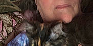 Juana is registered to the contest to win money with this photo: person, cat, glasses, calico_cat, hand, face, fur, indoor, closeup, portrait, couch, fabric, pattern, skin, eyewear, holding, pet, relaxed, blur, colorful