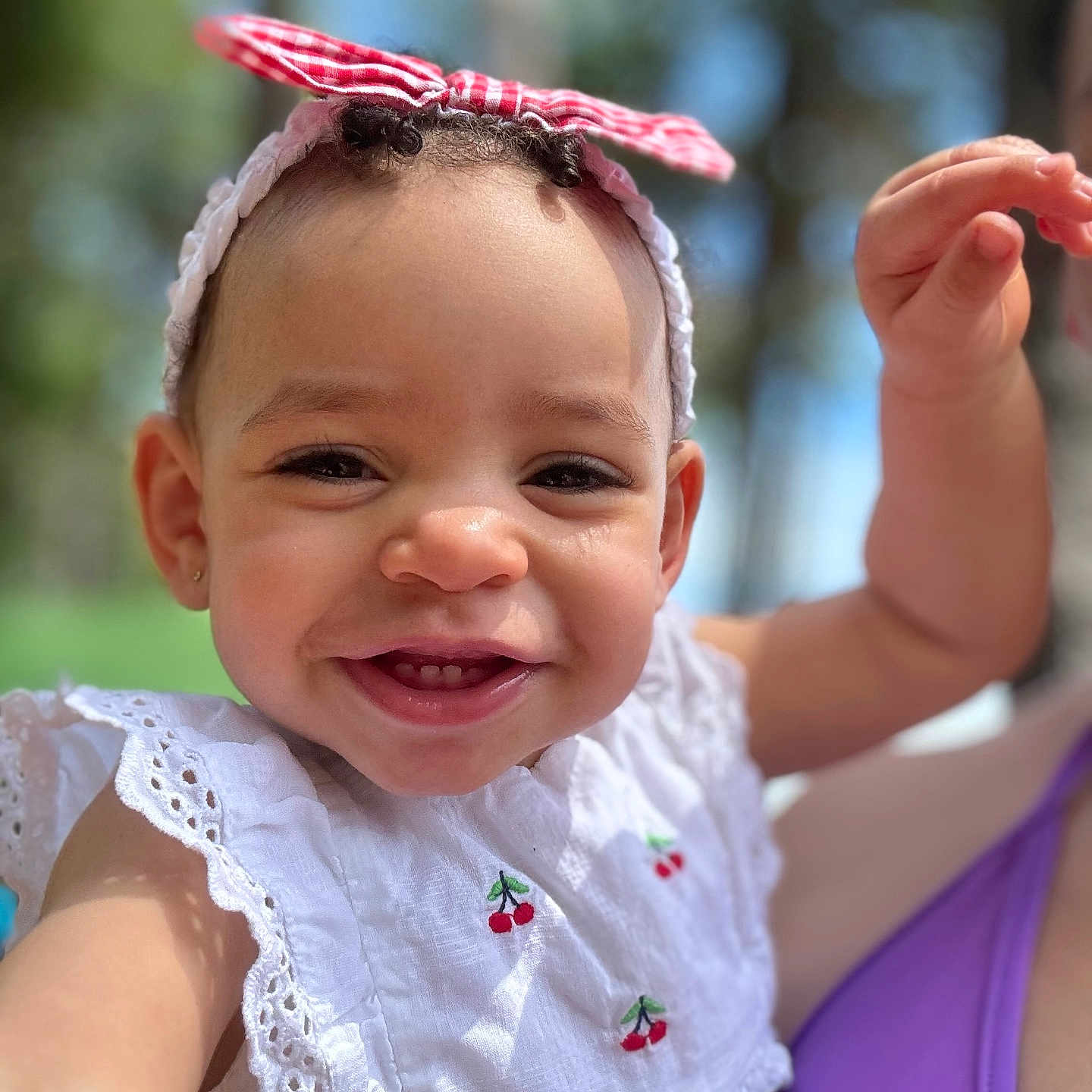 Samiya joined the competition — help win amazing prizes! accessories, baby, babylaughing, bodypart, clothing, dress, face, finger, hand, happy, head, headband, jewelry, laughing, mouth, person, photography, portrait, smile, teeth