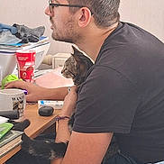 Arrow participe au concours pour gagner de l'argent avec cette photo : arm, beard, casual, cat, chair, clothing, computer_mouse, cup, desk, glasses, head, indoor, man, papers, person, pet, sitting, tabby_cat, watch, working