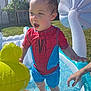 backyard, child, curious, fun, grass, inflatable_pool, outdoor, person, playing, pool, small_pool, spiderman, summer, sunlight, swimsuit, toddler, toy, water, wet_hair, yellow_inflatable