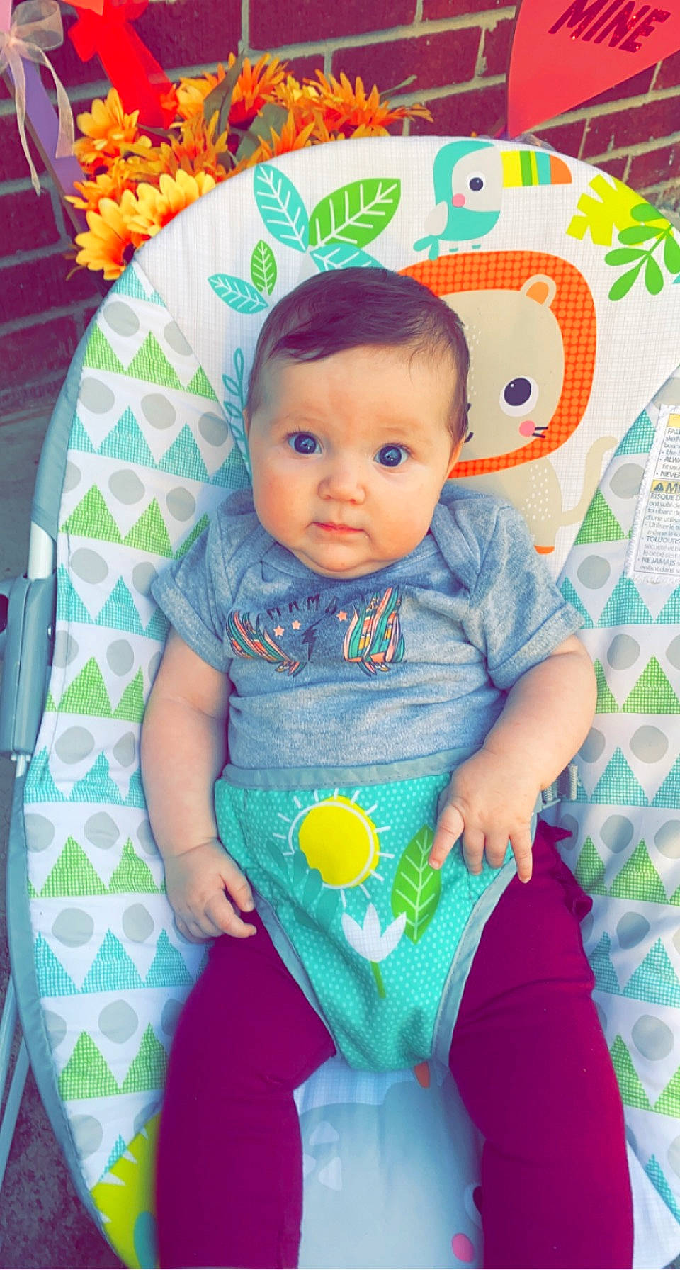 Blakelynn is registered to the contest to win money with this photo: baby, baby_products, baby_toddler_clothing, cheek, child, eye, fun, hairstyle, happy, head, iris, pattern, person, pink, product, purple, skin, sleeve, t_shirt, textile