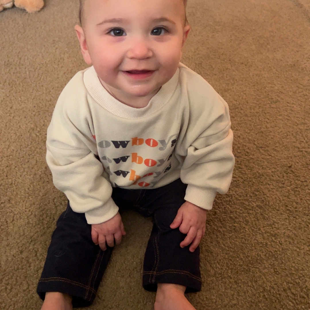 Amelia joined the competition — help win amazing prizes! baby, babycrawling, barefoot, bodypart, clothing, crawling, face, finger, hand, happy, head, jeans, pants, person, photography, portrait, sitting, standing, toe, toy