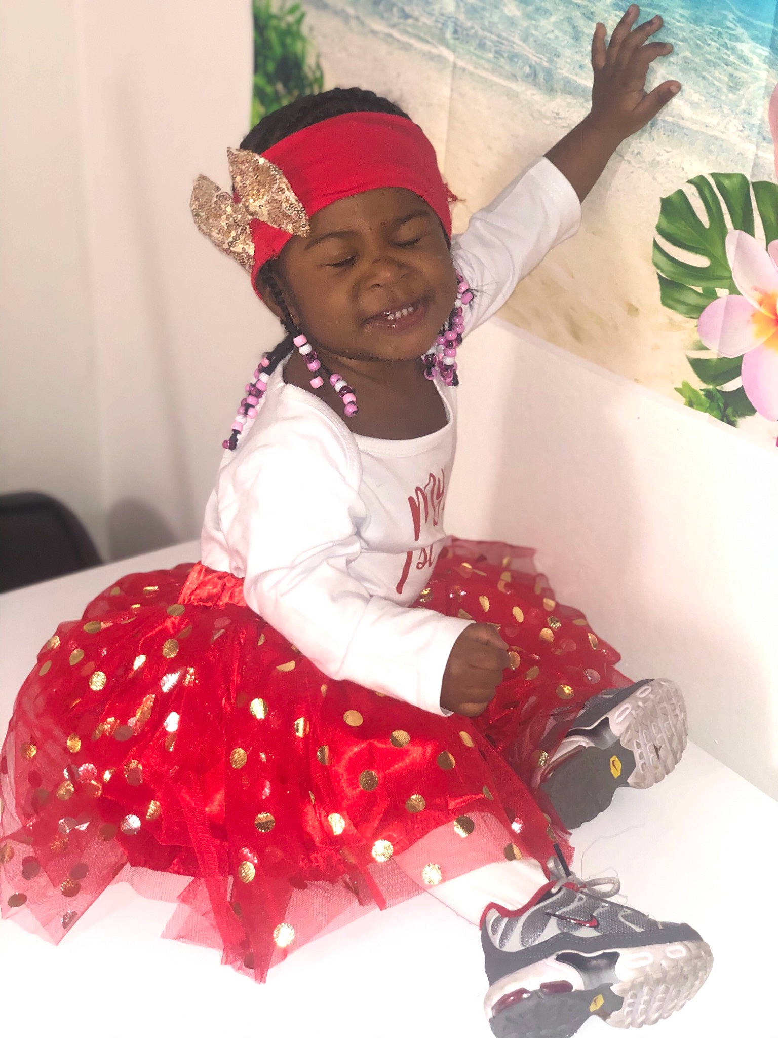Jayla joined the competition — help win amazing prizes! arm, baby_toddler_clothing, child, dress, event, flower, fun, happy, hat, headwear, human_body, joy, leg, magenta, person, pink, red, shoe, sleeve, sneakers