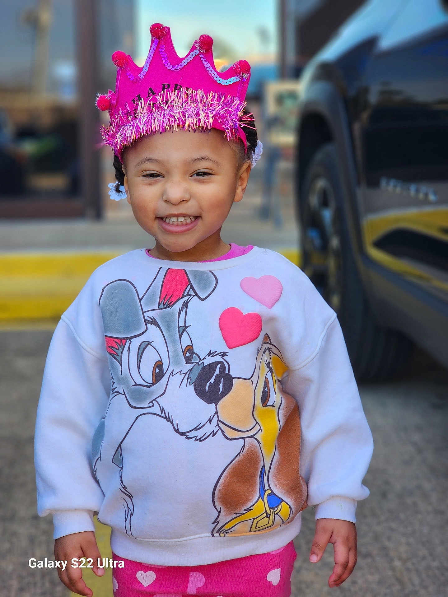 Tahani Demolle joined the competition — help win amazing prizes! bokeh, car, cartoon_dog, child, clothing, crown, handmade_crown, happy, hearts, outdoor, parking_lot, pavement, pink, portrait, sequins, smile, sweatshirt, toddler, wheel, young_child