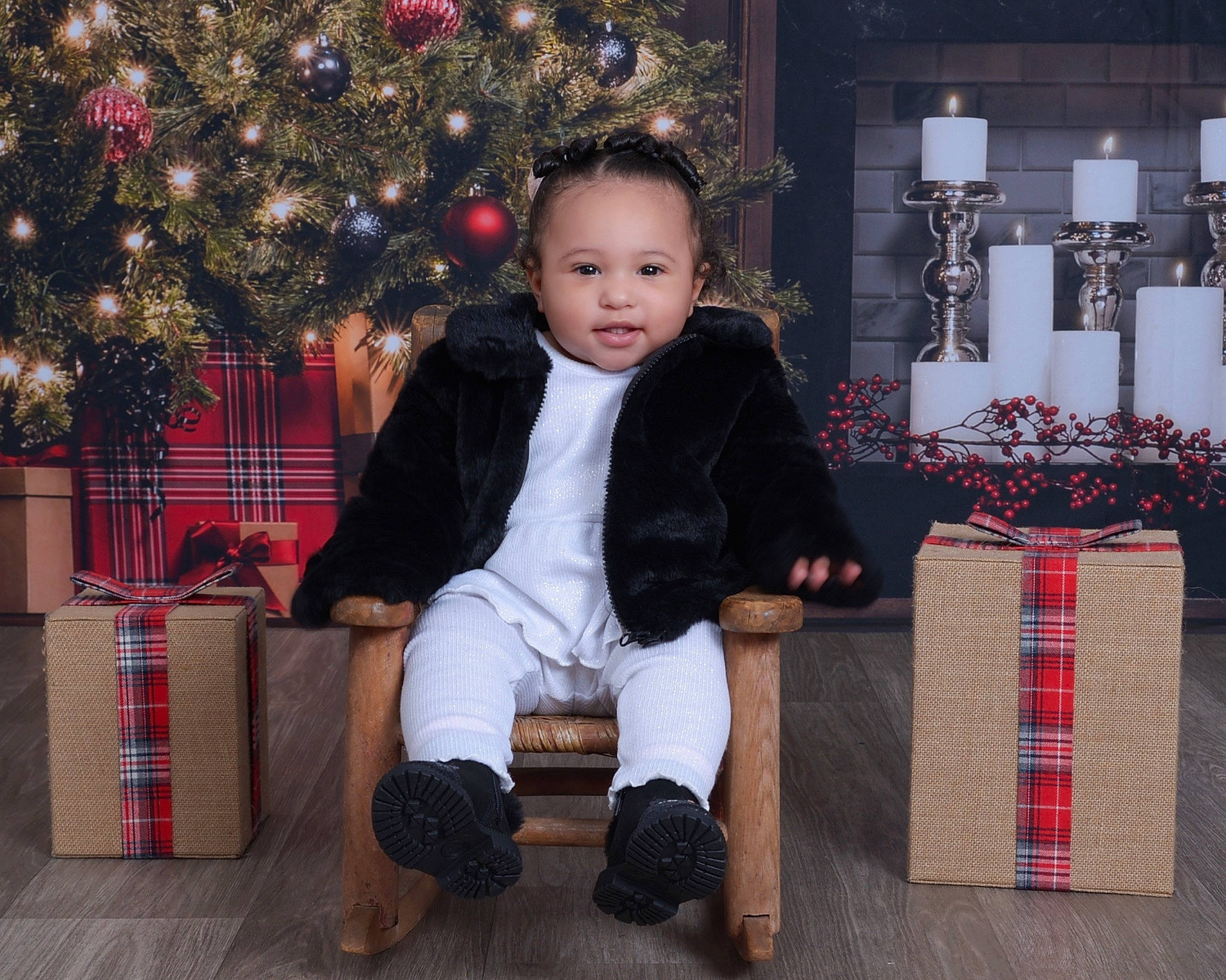 Tahani joined the competition — help win amazing prizes! baby_toddler_clothing, christmas_decoration, christmas_ornament, christmas_tree, event, fashion, flooring, fun, happy, lap, ornament, outerwear, pattern, person, photograph, plaid, sleeve, standing, tartan, toddler