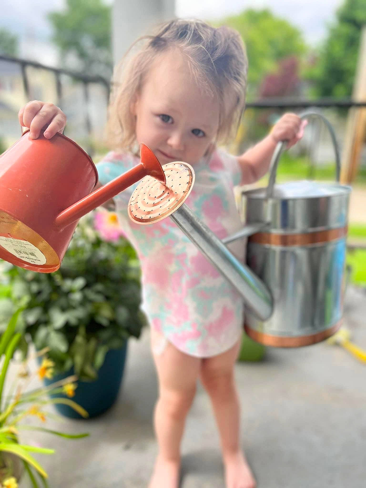 Adaline is registered to the contest to win money with this photo: child, flowerpot, fun, grass, happy, houseplant, leisure, magenta, morning, peach, people_in_nature, person, photograph, pink, plant, play, snapshot, summer, toddler, vegetable
