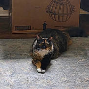 Phoebe joined the competition — help win amazing prizes! cat, calico_cat, indoor, carpet, box, cardboard_box, pet, feline, animal, floor, whiskers, ears, tail, curious, relaxed, domestic_animal, home, furniture, patterned_carpet, closeup