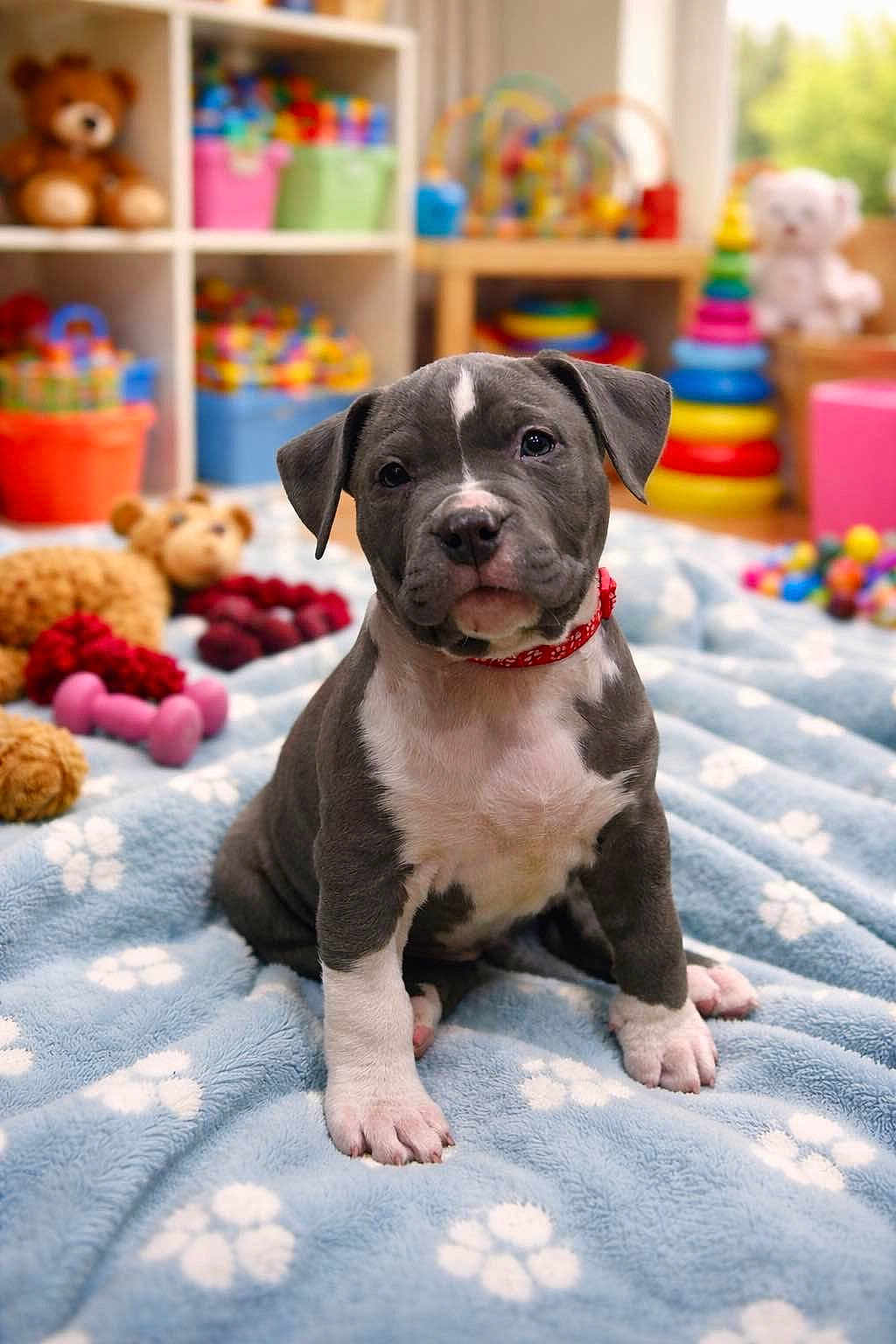 Abaddon participe au concours pour gagner de l'argent avec cette photo : puppy, dog, pet, blanket, paw_prints, toy, stuffed_animal, playroom, colorful, red_collar, indoor, floor, young_dog, cute, animal, sitting, soft, furry, domestic_animal, background