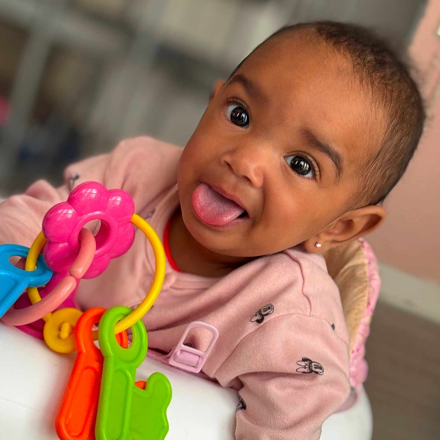 Meelahraee joined the competition — help win amazing prizes! baby, baby_walker, child, closeup, colorful_toys, cute, expression, face, happy, home, indoor, infant, person, pink_clothing, playful, seated, smiling, tongue_out, toy_keys, young_child