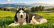 Lobo is registered to the contest to win money with this photo: animal, black_and_white, blue_sky, canine, dog, grass, husky, landscape, long_fur, lying_down, meadow, mountains, nature, outdoors, pet, portrait, scenic, siberian_husky, sunny, wildflowers