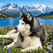 Lobo is registered to the contest to win money with this photo: alpine, animal, blue_sky, canine, dog, fur, husky, lake, landscape, lying_down, meadow, mountains, nature, outdoors, relaxed, scenic, siberian_husky, snow_capped_peaks, summer, wildflowers