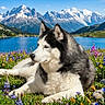 alpine, animal, blue_sky, canine, dog, fur, husky, lake, landscape, lying_down, meadow, mountains, nature, outdoors, relaxed, scenic, siberian_husky, snow_capped_peaks, summer, wildflowers