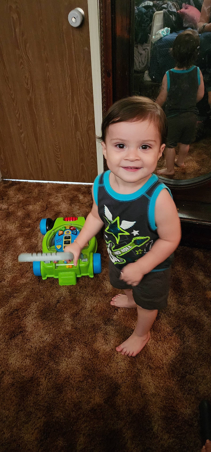 Dustin joined the competition — help win amazing prizes! baby, bodypart, boy, car, child, clothing, door, face, head, indoors, male, person, photography, portrait, shorts, t_shirt, toy, transportation, vehicle, wood