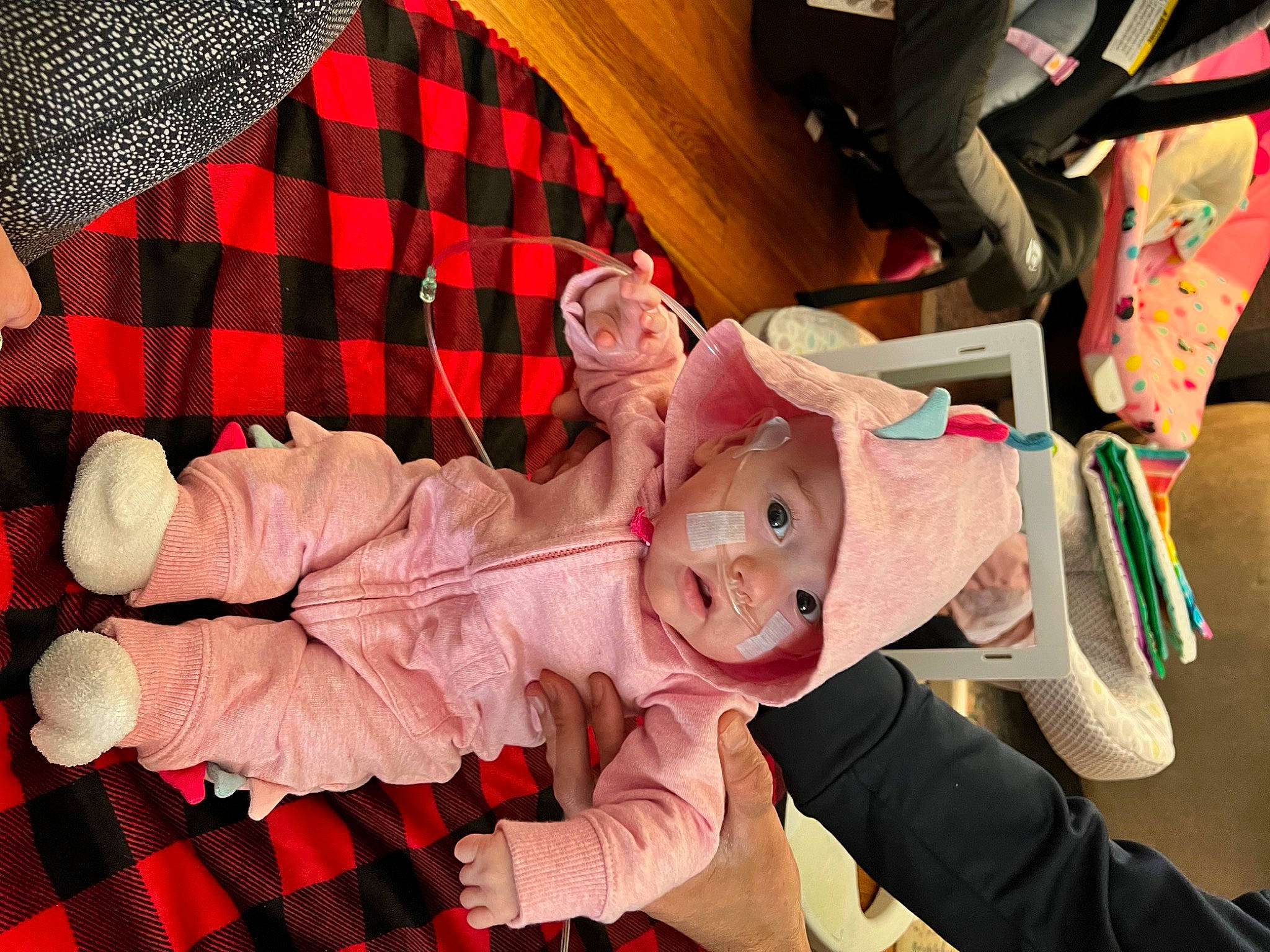 Kayleigh joined the competition — help win amazing prizes! baby, baby_products, baby_toddler_clothing, child, comfort, event, fun, happy, headwear, lap, pattern, person, pink, plaid, product, room, sleeve, smile, tartan, textile