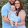 Isabella is registered to the contest to win money with this photo: family, baby, man, woman, smiling, outdoor, portrait, glasses, tattoo, blue_clothing, gingham_pattern, holding_baby, happy, nature, flower, greenery, parent, child, casual, toddler