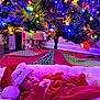 Kennedy is registered to the contest to win money with this photo: baby, sleeping, christmas_tree, christmas_lights, santa_hat, holiday, festive, red_clothing, blanket, ornaments, indoor, decorations, cozy, infant, floor, colorful_lights, sleep, holiday_season, festivity, celebration