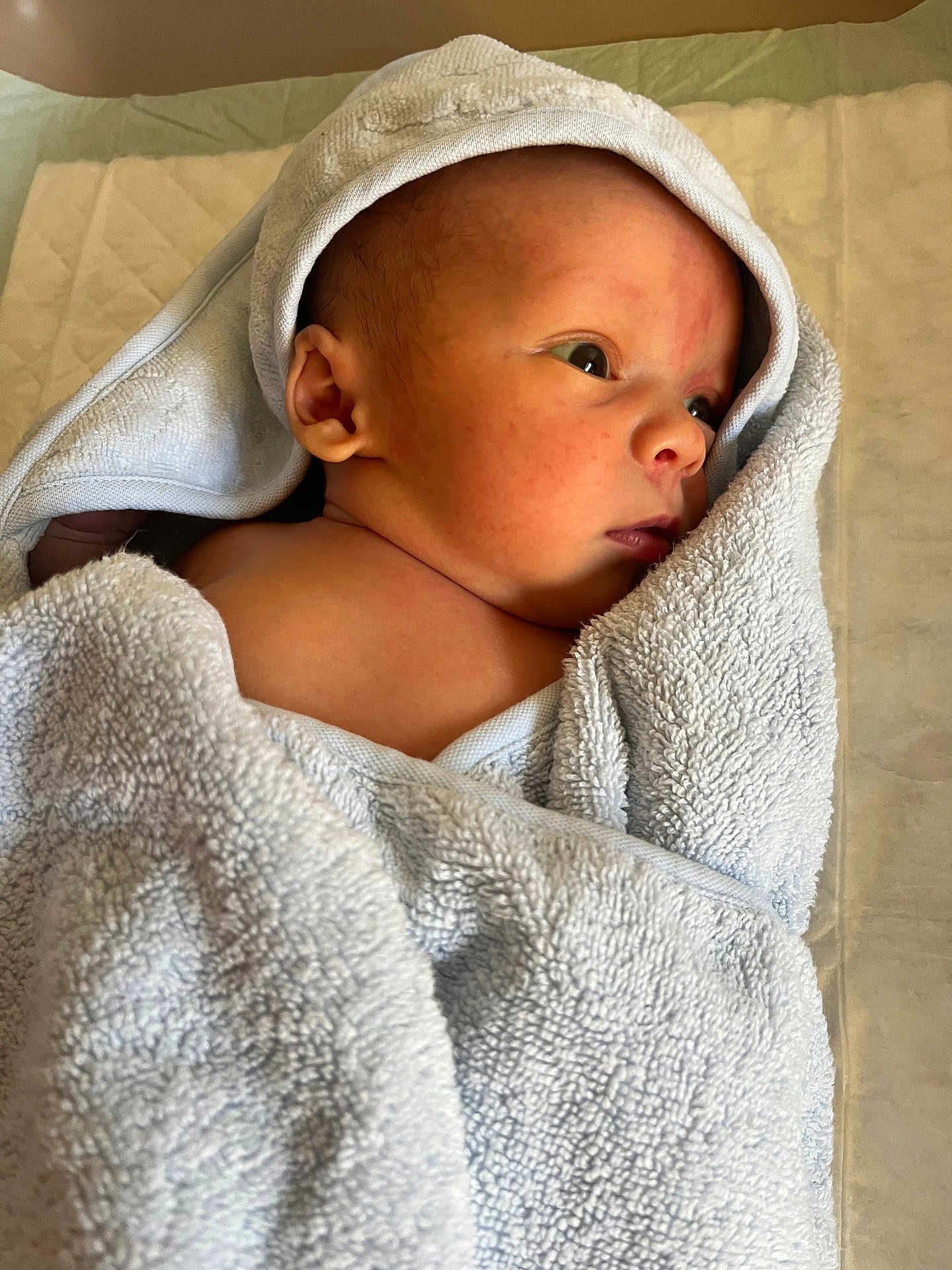 Hugo participe au concours pour gagner de l'argent avec cette photo : baby, newborn, towel, wrapped, face, skin, eyes, infant, soft, blanket, bed, portrait, child, cute, new, resting, indoors, person, head, young