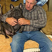 Dright joined the competition — help win amazing prizes! man, dog, french_bulldog, plaid_shirt, jeans, couch, blanket, indoor, seated, pet, canine, human, middle_aged, furniture, brown, blue, pattern, face, hands, casual