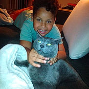 Gizmo joined the competition — help win amazing prizes! animal, blanket, casual_clothing, cat, child, couch, cozy, curly_hair, eyes, face, furniture, gray_cat, hand, happy, home, indoor, person, pet, relaxing, smiling